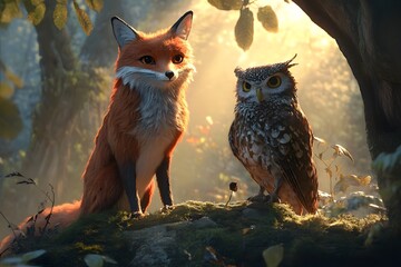 Wall Mural - Forest Friends Fox and Owl in a Magical Setting