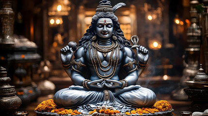 a serene statue of a deity surrounded by flowers and incense in a temple setting.