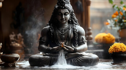 A serene statue of a deity surrounded by water and flowers, symbolizing spirituality.