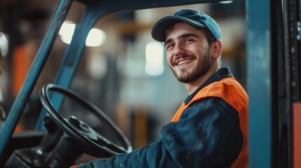 Happy young male worker in forklift driver's uniform on background manufacturing goods in warehouse.