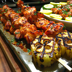 Exotic Gourmet Hawaiian Barbecue with Tiki Mask Chicken Skewers and Grilled Pineapple Rings