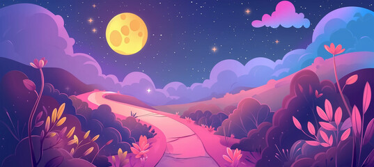 Wall Mural - Fantasy pink planet surface with full moon, game background, Illustration