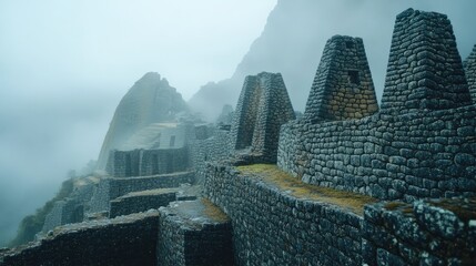 Machu Picchu in the rain, with the stone structures glistening under droplets and mist.