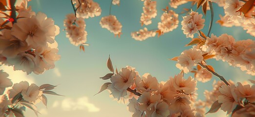 Wall Mural - A cinematic still of pink flowers in the trees, muted pastel colors, shot from below looking up at the sky