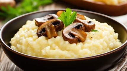 Poster - A bowl of rice with mushrooms and a garnish on top, AI