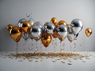 Wall Mural - Metallic balloons and confetti on a light background, perfect for celebrations.