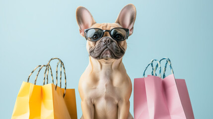 Wall Mural - A French Bulldog wearing glasses sits between shopping bags on a blue background.