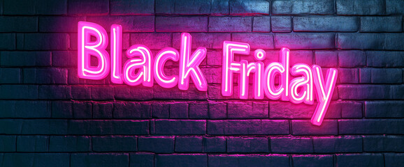 Neon pink 'Black Friday' sign glowing against a dark brick wall, highlighting a promotional event.