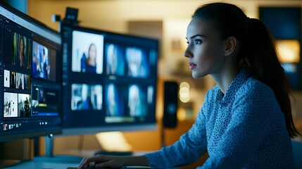 A young woman intensely working on video editing, dual screens with a variety of footage and editing tools, modern office lighting,