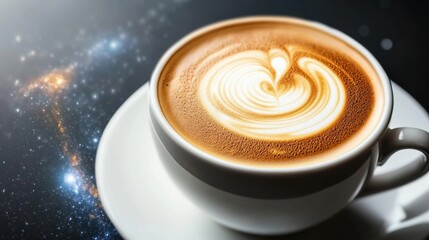 Wall Mural - A cup of coffee with a swirl on top is sitting in front of the stars, AI