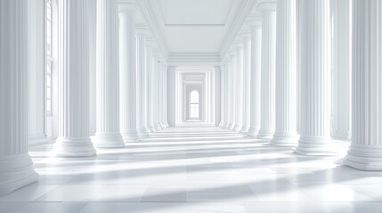 Poster - 3D render of a white, minimalistic hallway with columns. Bright daylight, high-angle shot.