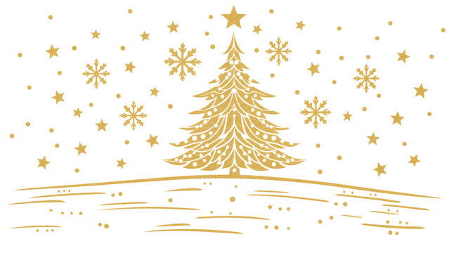 Golden christmas tree , cute line drawing clipart isolated on transparant  background.