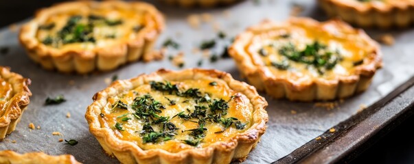 Closeup of freshly baked savoury tarts with herbs, cozy kitchen ambiance, copy space, baking savoury