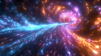 a vibrant depiction of a cosmic tunnel, showcasing colorful light trails in space.