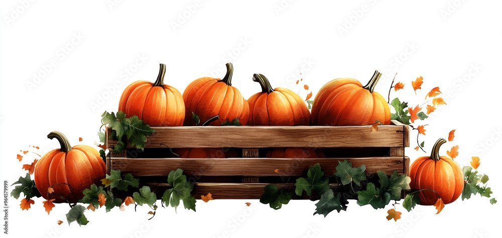 Wooden crate of pumpkins clipart, full crate, fall harvest element ...