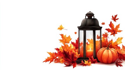 Autumn lantern clipart, complete lantern, fall decor element, watercolor illustration, sharp edges, rustic lantern with leaves, isolated on white background