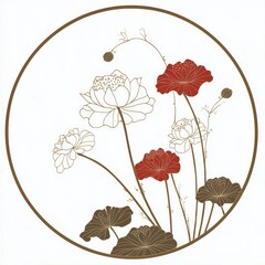 Wall Mural - Elegant Floral Design with White and Red Flowers in a Circle Frame