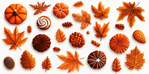 Fallthemed cookies clipart, complete cookie set, seasonal dessert element, watercolor illustration, crisp outlines, leaf and pumpkin shapes, isolated on white background