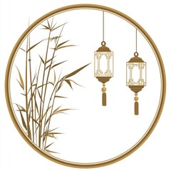 Poster - Chinese Lanterns and Bamboo in a Circular Frame