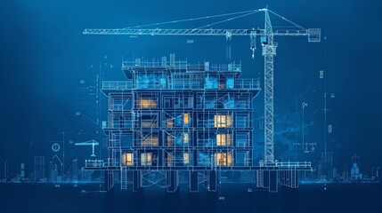 Blueprint of Modern Building with Crane - Concept of Construction, Architecture, and Engineering