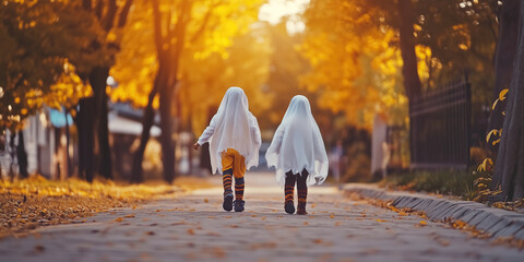 Halloween party concept. Full body portrait of two kids dressed like ghosts walking in street of small town. Mystic atmosphere. Warm colors palette. Text space. Outdoor shot