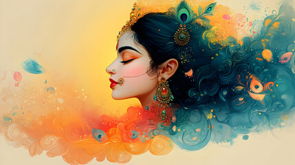 A vibrant portrait of a woman with intricate jewelry and flowing hair, symbolizing beauty.