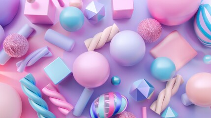 Poster - Abstract geometric shapes in pastel colors on purple background.