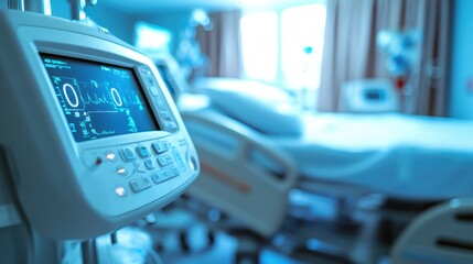 Close-up of a hospital bed control panel, focus on the buttons and screen, blurred recovery room in the background, soft lighting.