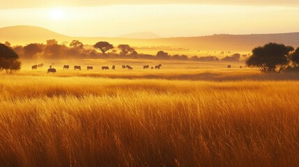 The golden grasslands of Kruger National Park at dawn, with a herd of zebras grazing in the distance.