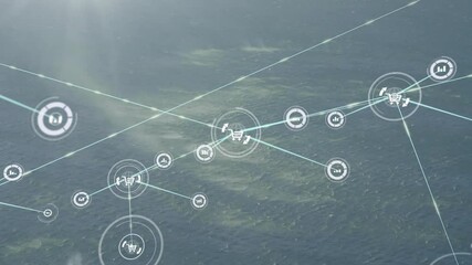 Poster - Animation of network of connections with icons over landscape