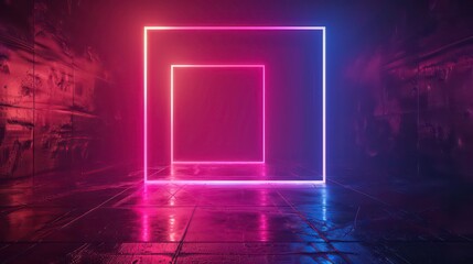 Poster - Two glowing neon rectangular frames in a dark room with a textured floor.