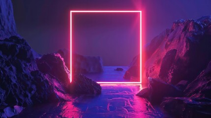 Poster - Glowing neon square in a dark landscape.