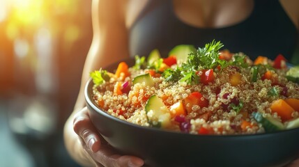 Close-up of a healthy bowl of quinoa and vegetables, vibrant colors, blurred fitness gear in the background, soft light, photorealistic.