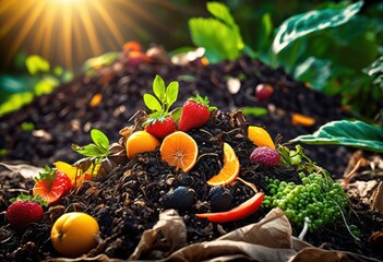 vibrant compost pile illustrating eco friendly waste recycling method rich textures colorful organic materials, backyard, composting, colors, garden, soil