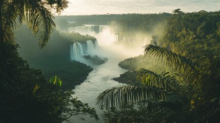 The Iguazu River flowing through the dense jungle, with the waterfalls visible in the distance.