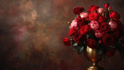 luxurious valentine's day bouquet with deep red roses and soft pink peonies in a gold vase, creating