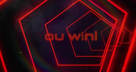 Poster - Animation of you win text over neon shapes on black background