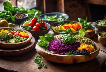 colorful plant based dishes presented bright radiant settings fresh ingredients eye catching arrangements, aesthetic, ambiance, appeal, art, bowl, cuisine