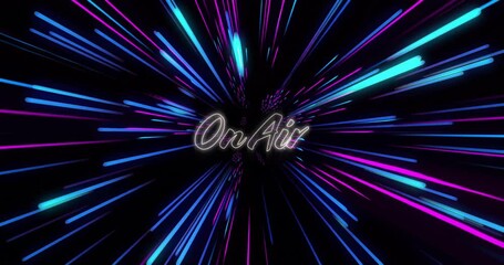 Sticker - Animation of on air text over colourful light trails on black background