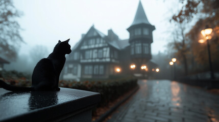 Wall Mural - halloween black cat sits on the edge of old victorian mansion in foggy evening street