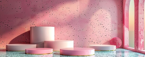 Poster - Minimal abstract background for product presentation with white podium and vibrant pink wall