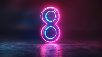 Poster - Glowing neon number eight with purple and blue light on a dark surface.