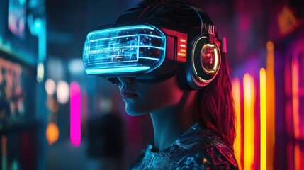 Poster - Gamer immersed in high-tech virtual world using futuristic cyber headset with neon lights and holographic displays