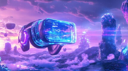 Poster - Digital Dreamscape: Futuristic Headset in Vibrant Cyber World