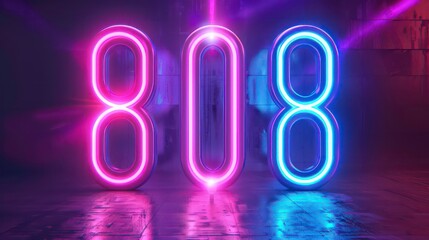 Wall Mural - 3D render of the number 808 made of pink and blue neon lights on a grunge textured background.