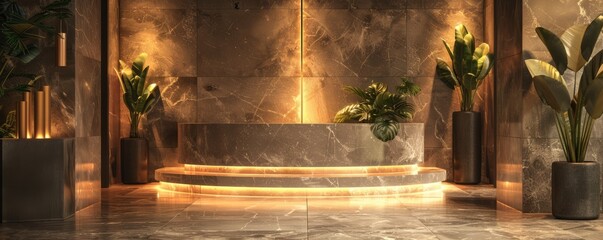 Elegant marble pedestal with gold accents, illuminated by soft, warm lighting.