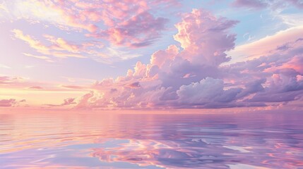 Wall Mural - a mesmerizing display of pastel pink and lavender clouds reflected in a calm sunset ocean scene