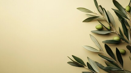 Brown khaki background decorated with Olives and olive branches. Background with olive leaves for your package and design illustration.