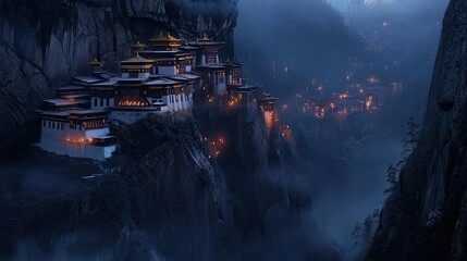 Wall Mural - The mystical aura of Tiger's Nest Monastery at dusk, with the lights from the monastery glowing softly.