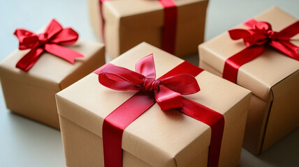 Brown color gift box with red  ribbon